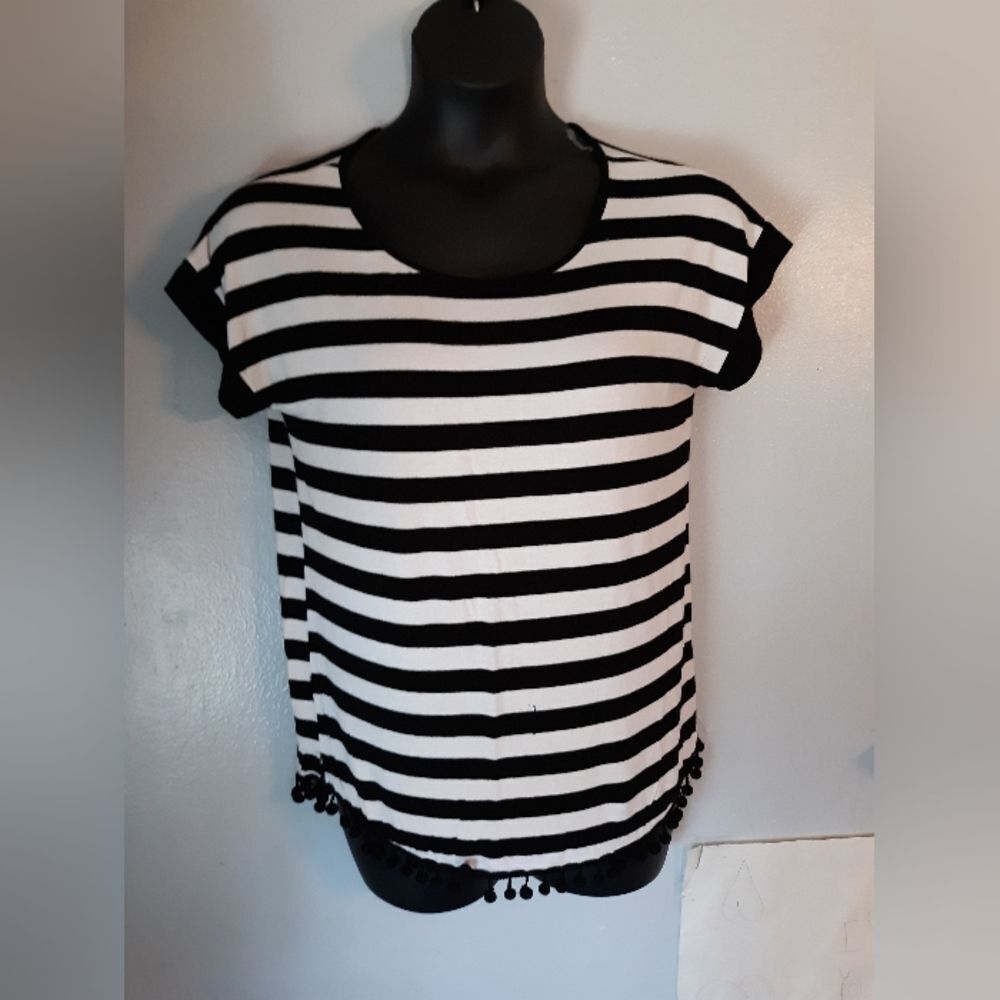 Cable and Gauge striped pom pom hem blouse